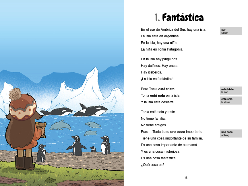 Illustration of Tonia standing on an island from Chapter 1 of Tonia Patagonia. She appears curious and adventurous, surrounded by sea and nature.