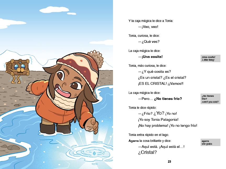 Tonia walks alone on the island holding her magic box. She looks toward the water, ready to pick up a crystal. She says she is not cold — she is Tonia Patagonia.
