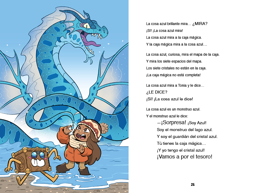 Tonia walks alone on the island holding her magic box. She looks toward the water, ready to pick up a blue crystal — but the blue shape turns out to be a friendly blue monster, the crystal’s guardian.