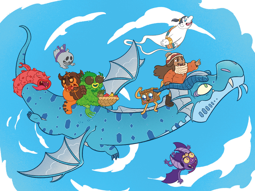 Tonia stands surrounded by all the crystal guardians. The monsters are now her friends, ready to join her on the next adventure together like a family.