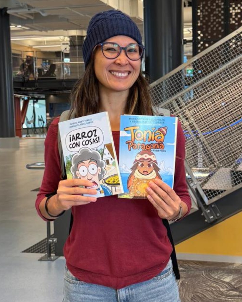 Patricia at Te Matapihi ki te Ao Nui Library in Wellington, proud to see our books in the Spanish children’s section.