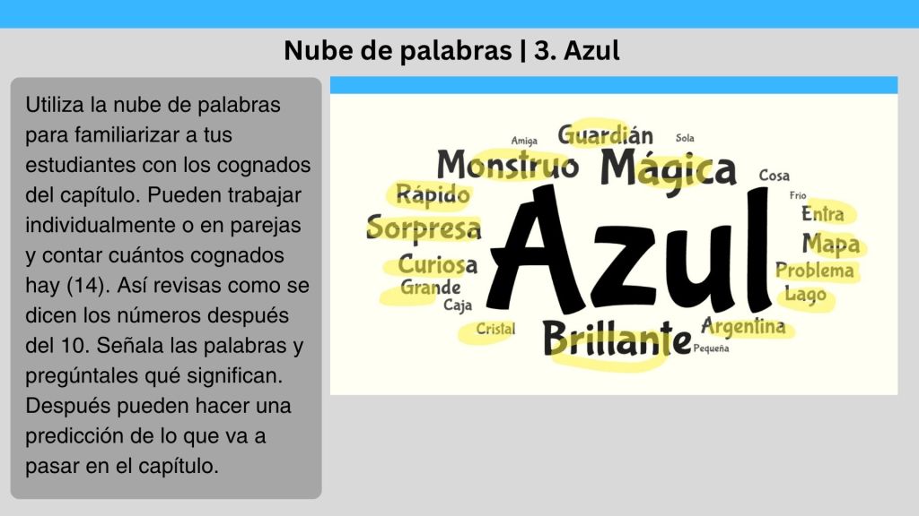 Chapter 3 “Azul” word cloud activity from the Tonia Patagonia Teacher’s Guide, helping students identify Spanish-English cognates and predict the chapter content.