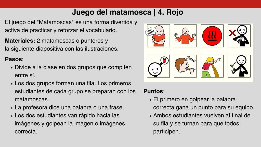 Chapter 4 “Rojo” flyswatter vocabulary game from the Tonia Patagonia Teacher’s Guide, with illustrated prompts and classroom instructions