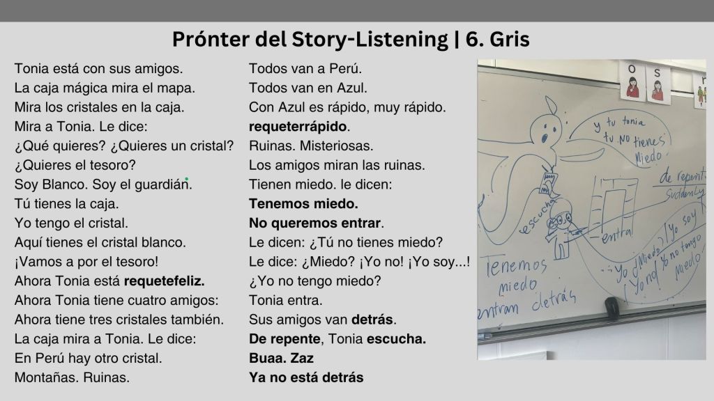 Chapter 6 “Gris” story-listening prompt from the Tonia Patagonia Teacher’s Guide, with Spanish narration and a classroom whiteboard example.