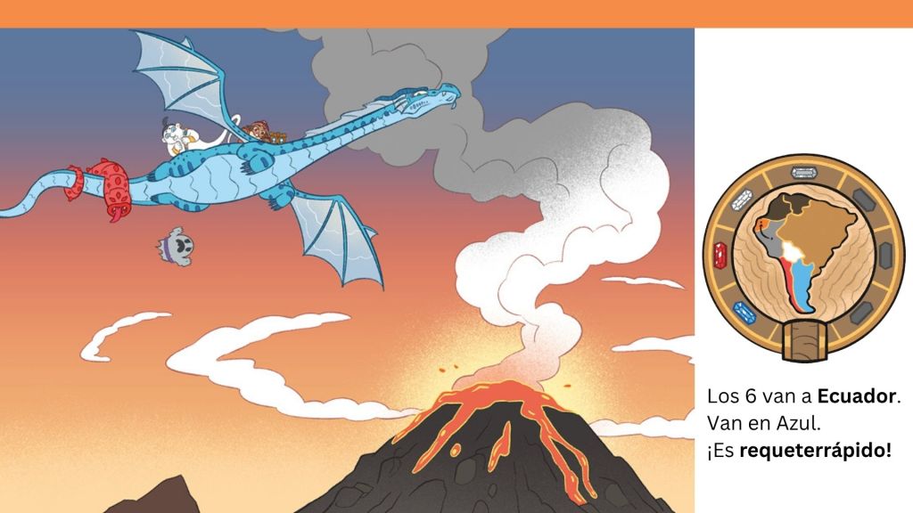 Chapter 7 “Naranja” geography Picture Talk from the Tonia Patagonia Teacher’s Guide, showing the characters flying over a volcano on their way to Ecuador.