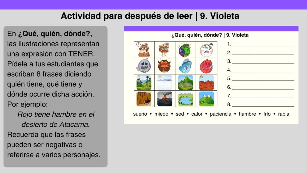 Chapter 9 “Violeta” post-reading activity from the Tonia Patagonia Teacher’s Guide, using illustrated prompts to practise Spanish expressions with tener and locations.